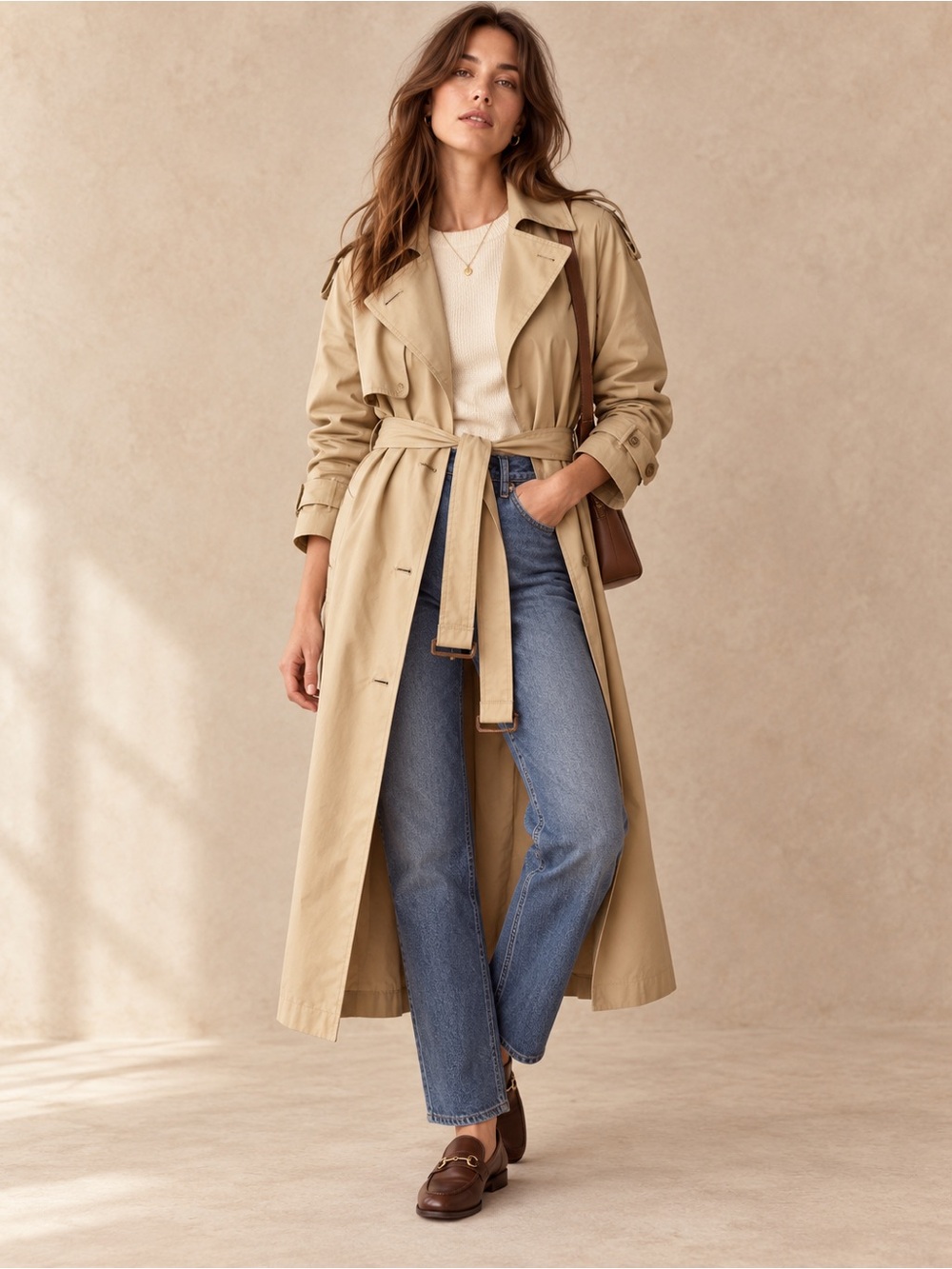 Anne Klein II Vintage Light Khaki Trench Coat Women’s Size 10 Belted 100% Cotton